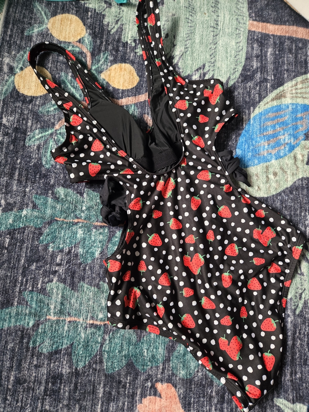 NWOT Modcloth Black Strawberry Polka Dot Print One-Piece Coquette Swimsuit Small - Picture 3 of 6